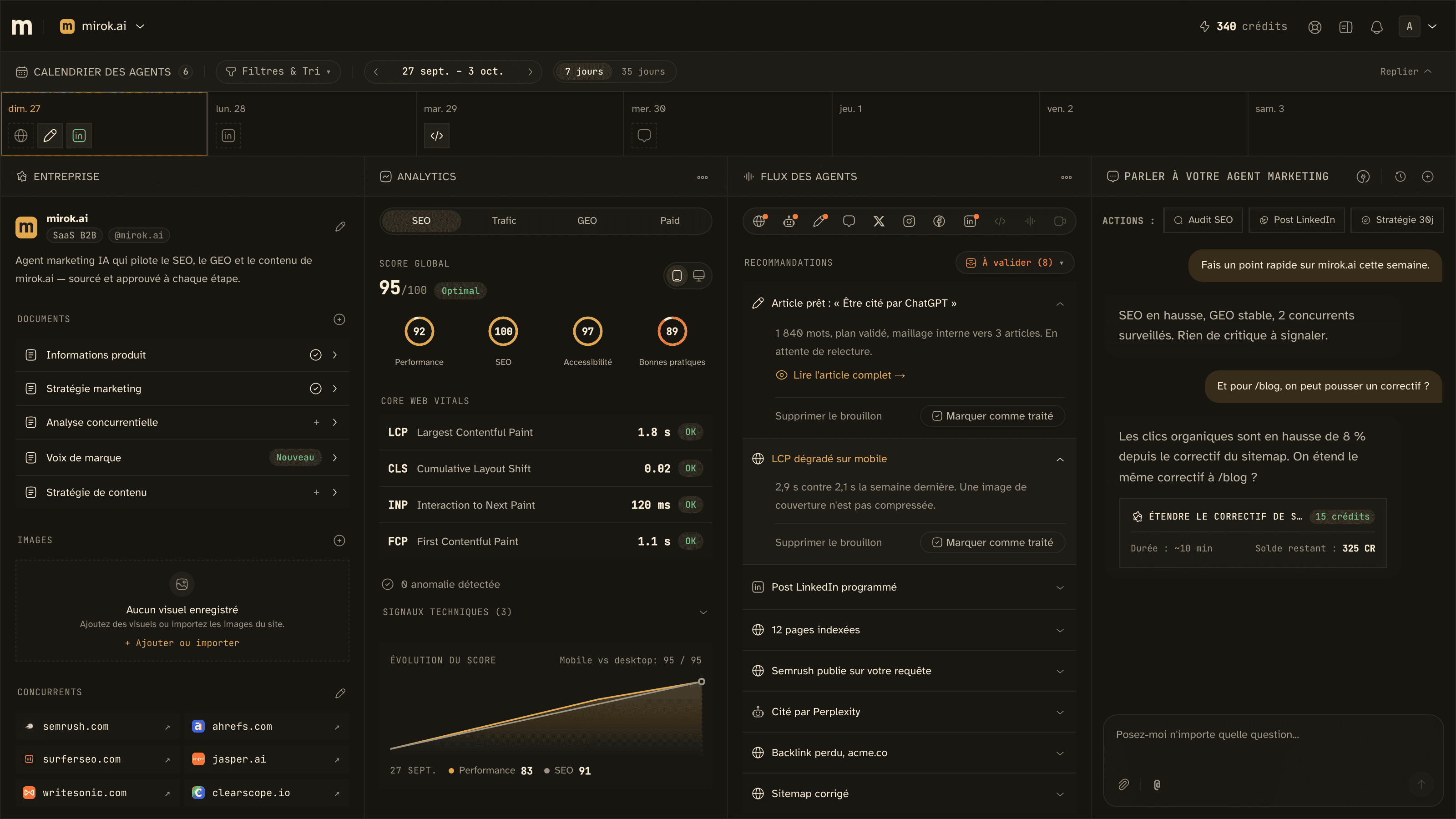 Cockpit mirok.ai : actions des agents SEO, GEO et rédaction à valider, avec l'état de la visibilité du site